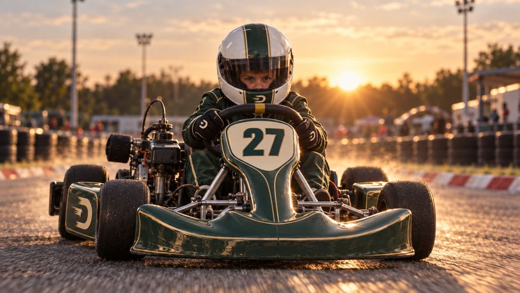A young DRIFT driver in a green and white helmet sits in kart #27 on the grid at sunset.